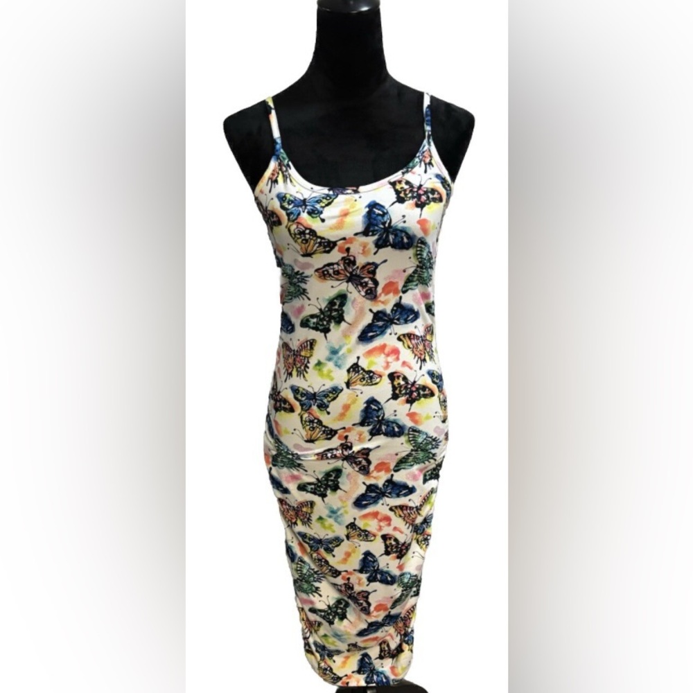 Butterfly pattern ruched side body con midi dress - Picture 5 of 9